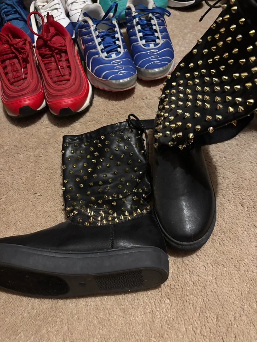 Black Mid-Calf Studded Leather Boots with Gold Spikes Cool rain ☔️ boots